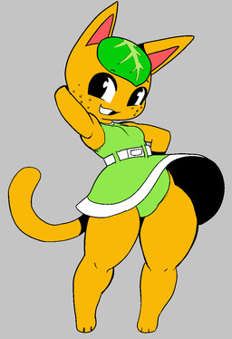 anthro black_eyes clothing dress eyebrows freckles fur green_clothing green_dress green_hair grey_background grin hair leaf leaf_hair long_tail orange_body orange_ears orange_fur orange_tail pink_inner_ear plant plant_hair pseudo_hair simple_background smile tail teeth teeth_showing thick_thighs dumbwitchyy animal_crossing nintendo tangy_(animal_crossing) domestic_cat felid feline felis mammal hi_res