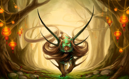ambiguous_gender clock detailed_background fantasy feral food forest front_view fruit fur grass horn lamp lantern lights nature outside paper_lantern plant scenery solo strawberry time_necklace tree wood sanguisgelidus felid mammal pantherine tiger hi_res restricted_palette wallpaper