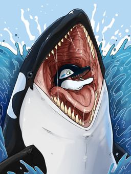 almost_fully_inside ambiguous/ambiguous ambiguous_gender black_body blue_background blue_eyes bodily_fluids duo feral feral_on_feral feral_pred feral_prey glistening glistening_eyes glistening_tongue green_eyes head_in_mouth in_mouth in_throat looking_at_viewer mouth_shot open_mouth open_smile oral_head_gulp oral_vore partially_inside partially_submerged saliva saliva_on_tongue saliva_string sharp_teeth simple_background smile tan_teeth teeth tongue unsigned vore water white_body swampjaws oan_(ghostofyourdad) aquatic cetacean dolphin mammal oceanic_dolphin orca toothed_whale 3:4 absurd_res hi_res