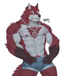 abs anthro barazoku biceps black_nose bodily_fluids body_hair bulge chest_tuft clothed clothing fur jewelry looking_at_viewer male muscular muscular_anthro muscular_male necklace nipples partially_clothed pecs red_body red_fur simple_background solo sweat tuft underwear underwear_only hittoga knights_college diederich_olsen canid canine canis mammal wolf digital_media_(artwork) hi_res