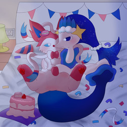 3_toes accessory bed bed_sheet bedding bedroom birthday birthday_cake blush cake clothing dark dessert featureless_crotch feet food furniture hat headgear headwear hug party party_hat pawpads pink_pawpads ribbons socket tail toes illusordream nintendo pokemon fan_character fude_(character) eeveelution generation_6_pokemon generation_7_pokemon pokemon_(species) primarina sylveon 1:1 hi_res