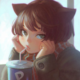 beverage brown_clothing brown_hair brown_jacket brown_topwear clothing drinking_straw drinking_straw_in_mouth female green_eyes hair hand_on_chin jacket looking_up scarf short_hair simple_background solo topwear kuvshinov-ilya animal_humanoid cat_humanoid felid felid_humanoid feline feline_humanoid humanoid mammal mammal_humanoid 2015 digital_media_(artwork)