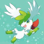 ambiguous_gender cyan_background ear_tuft feral floppy_ears flying fur green_body green_eyes green_fur green_hair hair happy head_tuft multicolored_body multicolored_fur open_mouth red_body red_fur simple_background solo sparkles tuft white_body white_fur zoroa553 nintendo pokemon generation_4_pokemon legendary_pokemon pokemon_(species) shaymin sky_forme_shaymin 1:1 2020 digital_media_(artwork)