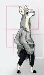 ambiguous_gender anthro blue_eyes clothed clothing fangs furgonomics hand_in_pocket hoodie looking_at_viewer pockets simple_background solo standing teeth topwear nobby_(artist) artemis_(nobby) mammal moschid 2018