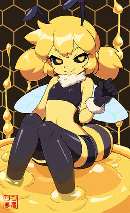 ambiguous_gender arthropod_abdomen clothing crop_top female gloves handwear honeycomb legwear shirt solo thigh_highs topwear twintails_(hairstyle) wings rin_nightmare arthropod bee humanoid hymenopteran insect absurd_res hi_res