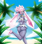 anthro beach big_butt bikini bikini_bottom bikini_top blush bottomwear breasts butt clothed clothing cloud curvy_figure diancie ear_piercing female footwear gem generation_6_pokemon hi_res high_heels latiar legendary_pokemon nintendo piercing pink_eyes pokemon pokemon_(species) pokemorph seaside shoes skirt solo standing swimwear water