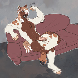 animal_genitalia animal_penis anthro equine_genitalia equine_penis erection fur furniture genitals hooves male mane mottled mottled_body mottled_fur nude_anthro nude_male on_sofa penis piebald piebald_body piebald_fur sitting sitting_on_sofa smile sofa solo tail wave kinksiyo murphythehonse clydesdale draft_horse equid equine horse mammal hi_res