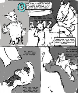 anthro black_text dialogue fur grey_background group holding_micro licking licking_lips lying macro male male/male micro nude nude_male on_back simple_background slave text tongue tongue_out trio jeri_kleinlowe felid feline mammal sergal 2022 comic english_text hi_res