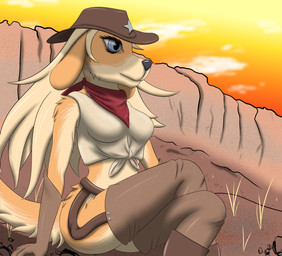 anthro clothing cowboy_hat female garter_straps gloves handwear hat headgear headwear kerchief legwear looking_aside shirt simple_background solo sunset text thigh_highs tied_shirt topwear sillybirb bird_dog canid canine canis domestic_dog golden_retriever hunting_dog mammal retriever absurd_res english_text hi_res