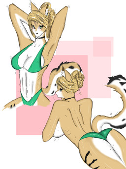 abs anthro bikini blonde_hair blush breasts butt cleavage clothed clothing female fluffy fluffy_tail hair hair_bun inner_ear_fluff markings medium_breasts navel side_boob solo striped_markings stripes swimwear tail teasing teasing_viewer topless tuft two-piece_swimsuit tying_hair wet st4vr mihoyo zenless_zone_zero pulchra_fellini domestic_cat felid feline felis mammal sand_cat thiren 3:4 hi_res