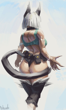animal_ears animal_tail arm_scar athletic athletic_female athletic_humanoid belt belt_pouch big_butt black_body black_bottomwear black_clothing black_fur black_hotpants black_legwear black_shorts blue_clothing blue_topwear bob_cut bottomwear breasts butt clothed clothing collar crop_top dark_body dark_skin female fur hair hotpants legwear long_nails nails rear_view scar sharp_nails shirt short_hair shorts simple_background solo standing tail thick_thighs topwear white_background white_hair wide_hips anticuadoknight skullgirls nadia_fortune animal_humanoid cat_humanoid felid felid_humanoid feline feline_humanoid humanoid mammal mammal_humanoid 2025 absurd_res hi_res portrait signature three-quarter_portrait