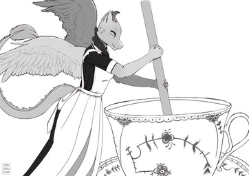 anthro clothing container cup dewlap_(anatomy) female fluffy fluffy_ears fluffy_tail fur horn lidded_eyes maid_apron maid_uniform micro multicolored_body multicolored_fur shrunk solo stirring tail tail_fluff tea_cup two_tone_body uniform wings okidouchie mythology petal_(dapperhedgehog) dragon fairy_dragon furred_dragon furred_scalie lizard mythological_creature mythological_scalie reptile scalie winged_dragon absurd_res hi_res monochrome