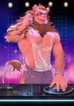 5_fingers absurd_res anthro claws disc_jockey ear_piercing felid fingers frde fur fur_tuft hi_res lion male mammal mane muscular muscular_anthro muscular_male one_eye_closed open_mouth open_smile pantherine piercing smile solo tail tail_tuft tuft