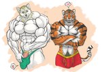 anthro beard biceps big_muscles blonde_hair bulge clothed clothing deltoids duo facial_hair fur genitals hair half-erect heart_symbol male male/male muscular muscular_anthro muscular_male nipples orange_body orange_fur pecs penis pubes speech_bubble striped_body striped_fur stripes topless white_body white_fur oldshep jared_kuznetsov jj_carter canid canine canis felid mammal pantherine tiger wolf 2013