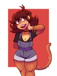 ahoge anthro big_breasts border bracelet breasts brown_body brown_eyes brown_fur brown_hair cleavage clothed clothing female freckled_chest freckled_face freckles fur hair hand_on_neck head_tilt jewelry overalls red_background shirt short_hair shortalls simple_background solo standing t-shirt tail topwear white_border sr_empanada carol_(redustheriotact) haplorhine mammal monkey primate 2025 hi_res