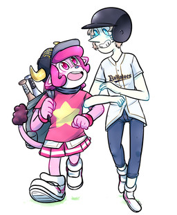 anthro armor backpack baseball_bat baseball_cap bat_(object) blue_eyes blush bottomwear clothing duo female fur furgonomic_hat furgonomic_headwear furgonomics hair hat headgear headwear helmet horn mascot open_mouth pink_body pink_eyes pink_fur pink_hair shirt skirt smile text text_on_baseball_cap text_on_clothing text_on_hat text_on_headwear text_on_shirt text_on_topwear topwear meanlevee cartoon_network nippon_professional_baseball orix_buffaloes steven_universe buffalo_bell pearl_(steven_universe) alien alien_humanoid bovid bovine cattle gem_(species) humanoid mammal pearl_(gem_species) hi_res