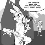 anthro barefoot buckteeth bulletproof_vest clothed clothing crouching dialogue dual_wielding duo eyewear feet female goggles holding_object holding_weapon mask outside paintball paintball_gun shooting sound_effects speech_bubble standing teeth text turtleneck weapon replytoanons disney zootopia judy_hopps violet_hopps lagomorph leporid mammal rabbit 1:1 2018 english_text greyscale monochrome