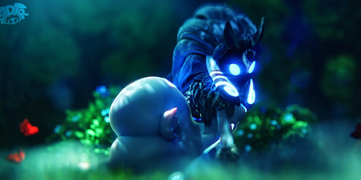 anthro big_butt blue_eyes blurred_background breasts butt female glowing glowing_eyes grass huge_butt looking_at_viewer lying mask on_side outside plant shrub solo tail wearing_mask adriandustred league_of_legends riot_games tencent kindred_(lol) lamb_(lol) bovid caprine mammal sheep 3d_(artwork) digital_media_(artwork) hi_res