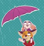 anthro buckteeth carrying_another cheek_tuft clothed clothing dipstick_ears dotted_background duo ear_markings facial_tuft female green_background holding_object leg_grab male multicolored_ears on_shoulders one_eye_closed open_mouth open_smile outline pattern_background raining simple_background smile teeth tuft umbrella white_outline fuel_(artist) disney zootopia judy_hopps nick_wilde canid canine european_rabbit fox lagomorph leporid mammal oryctolagus rabbit red_fox true_fox 2019 hi_res