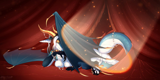 anthro bedding blanket female genitals hair jewelry multicolored_hair non-mammal_hair scales solo spotlight two_tone_hair ventral_scales vulva mydrawnworld mythology althea_(shadeominus) dragon mythological_creature mythological_scalie scalie hi_res