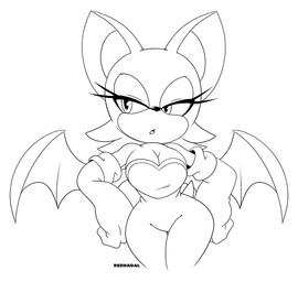 anthro armor armwear big_ears black_nose bodysuit breastplate breasts clothing elbow_gloves eyelashes female glistening glistening_nose gloves handwear lidded_eyes membrane_(anatomy) membranous_wings skinsuit solo tail thick_eyelashes thick_thighs tight_clothing wide_hips wings scarletopalite sega sonic_the_hedgehog_(series) rouge_the_bat bat mammal monochrome
