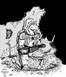 ambiguous_gender anthro armor fur gun hair insignia knee_pads machine power_armor ranged_weapon rubble solo text weapon flinters canid canine canis mammal wolf 1994 digital_media_(artwork) monochrome