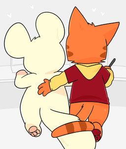 ambiguous_anthro ambiguous_gender anthro bottomless bottomless_ambiguous bottomless_anthro clothed clothed_ambiguous clothed_anthro clothing computer drawing_pen duo electronics faceless_ambiguous faceless_anthro faceless_character fur hand_on_back holding_object hoodie hoodie_only huge_ears kneeling laptop nude_ambiguous nude_anthro orange_body orange_fur pawpads rear_view simple_background tail tail_wrapped_around topwear topwear_only white_body white_fur crushpepper oxynard pepper_(crushpepper) cricetid felid feline hamster mammal rodent 2025 digital_media_(artwork) hi_res