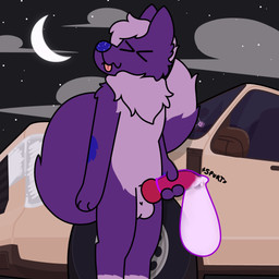 anthro at_night big_ears big_tail bodily_fluids car condom cum ejaculation excessive_cum excessive_genital_fluids filled_condom fur genital_fluids knot leaking_cum leaning_on_object male masturbation neck_tuft outside_sex purple_body purple_fur sex sexual_barrier_device solo standing tail tuft vehicle doug_polaris ford ford_maverick unknown_purple taidum 1:1 absurd_res hi_res