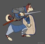 action_pose angry anthro armor center_grip_shield chainmail clothed clothing frown fully_clothed gambeson knight male medieval_shield melee_weapon pose shield solo sword warrior weapon thelivingtrashcan dungeons_and_dragons hasbro wizards_of_the_coast kentaro canid canine canis domestic_dog husky mammal nordic_sled_dog spitz 2020 hi_res