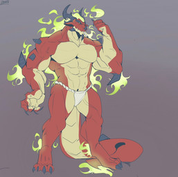 abs anthro arm_spikes asian_clothing black_sclera cigarette cigarette_in_mouth claws clothed clothing colored_fire east_asian_clothing facial_horn fire flaming_hair flaming_mane fundoshi fundoshi_only green_fire grey_background horn japanese_clothing looking_at_viewer male multicolored_body multicolored_scales muscular muscular_anthro muscular_male object_in_mouth pecs pseudo_hair pseudo_mane red_body red_scales scales shoulder_spikes simple_background solo spiked_tail spikes spikes_(anatomy) tail tan_body tan_scales thick_arms thick_thighs toe_claws topless two_tone_body two_tone_scales underwear underwear_only yellow_eyes jocial mythology dragon mythological_creature mythological_scalie scalie 2025 digital_media_(artwork)