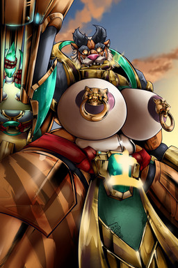 areola big_areola big_breasts breasts female gem gold_(metal) horn looking_at_viewer machine nipple_piercing nipples piercing solo weapon hazarts blizzard_entertainment overwatch orisa_(overwatch) felid mammal pantherine robot taur tiger absurd_res hi_res