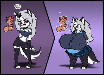 angry anthro barefoot before_and_after big_breasts black_border border bottomwear breast_expansion breasts brown_body clothing dialogue duo expansion eyewear feet female glasses grey_hair hair huge_breasts nerd nerdification nipple_outline open_mouth overweight plushie red_sclera round_glasses short_stackification shorts shortstack shortstack_female shrinking simple_background size_transformation skirt standing surprised tail text transformation thatmoondragon hellaverse helluva_boss mythology nintendo pokemon loona_(helluva_boss) animate_inanimate canid canid_demon canine demon generation_1_pokemon hellhound living_plushie mammal mythological_canine mythological_creature pokemon_(species) vulpix 2024 digital_media_(artwork) english_text hi_res
