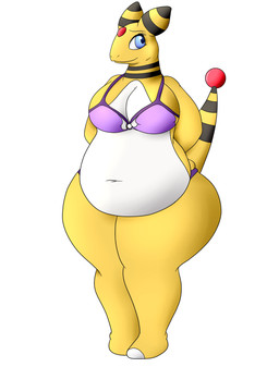 anthro belly bikini black_stripes blue_eyes breasts clothing female hands_on_back navel purple_bikini purple_clothing purple_swimwear simple_background solo stripes swimwear tail two-piece_swimsuit white_background white_belly white_nail yellow_arm yellow_body yellow_tail lyla_collie nintendo pokemon ampharos generation_2_pokemon pokemon_(species) 2016