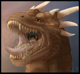 bodily_fluids duo eyes_closed horn human_prey male male_prey mouth_shot nude open_mouth oral_vore saliva scales soft_vore swallowing teeth throat tongue tongue_out vore willing_prey acidic dragonheart mythology universal_studios draco_(dragonheart) nero_(shorty) dragon human mammal mythological_creature mythological_scalie scalie