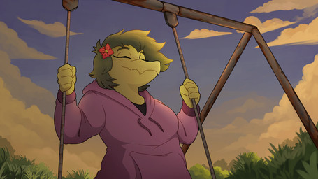 accessory anthro biped breasts clothed clothed_anthro clothed_female clothing cloud evening eyes_closed female fingers flower flower_in_hair freckled_face freckles grass green_body green_hair hair hair_accessory happy hoodie humanoid_hands low-angle_view medium_breasts medium_hair non-mammal_breasts outside plant purple_clothing purple_hoodie purple_topwear sky smile solo swinging topwear ok-nobody-3893 cavemanon_studios i_wani_hug_that_gator olivia_halford baryonyx dinosaur prehistoric_species reptile saurischian scalie spinosaurid theropod 16:9 2025 colored hi_res shaded widescreen