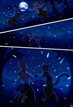 anthro blonde_hair clothed clothing digitigrade duo female full_moon hair male moon night outside plant running sky standing star starry_sky text tree skaydie petra_(rogue-numbers) avian felid feline hybrid mammal 2017 comic digital_media_(artwork) english_text hi_res source_request unavailable_at_source