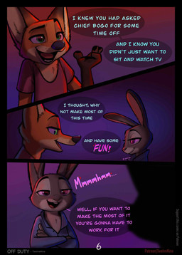 anthro clothing dialogue duo female fur grey_body grey_fur heart_symbol male male/female orange_body orange_fur shirt smile smug topwear unbuttoned_shirt twelvenine disney zootopia judy_hopps nick_wilde canid canine fox lagomorph leporid mammal rabbit red_fox true_fox 2026 absurd_res comic digital_media_(artwork) hi_res unavailable_at_source