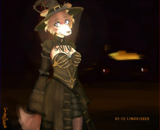 alternative_fashion anthro blue_eyes blurred_background brown_body city cityscape clothed clothing date date_pov dress female fluffy fluffy_tail fur hat headgear headwear holidays jewelry legwear looking_at_viewer magic_user makeup mascara photo simple_background solo stockings tail text witch witch_costume witch_hat smokerfennek beastars halloween juno_(beastars) canid canine canis mammal wolf absurd_res detailed digital_drawing_(artwork) digital_media_(artwork) english_text hi_res portrait shaded signature three-quarter_portrait