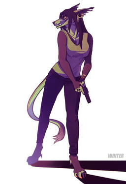 anthro belt black_belt black_bottomwear black_clothing black_pants bottomwear brown_body clothed clothing ear_piercing female flesh_tunnel front_view gauged_ear grin gun handgun holding_gun holding_handgun holding_object holding_ranged_weapon holding_weapon notched_ear orange_sclera pants piercing ranged_weapon shadow simple_background smile solo standing text topwear weapon white_background white_eyes unknowhiter canid mammal 2015 artist_name full-length_portrait portrait