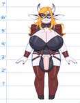 anthro balls big_balls big_breasts big_penis biped blonde_hair blue_eyes bovid_horn bovine_ears bovine_horn breasts chart clothing colored_nails dominatrix genitals gynomorph hair height_chart horn huge_balls humanoid_genitalia humanoid_penis intersex leather leather_clothing nails penis smile solo naughtyjester bovid mammal 2024 alternate_version_at_source