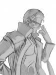 ambiguous_gender clothing coat duo eyewear glasses hair interspecies male navel not_furry simple_background solo_focus suggestive topwear trenchcoat white_background hattonslayden capcom resident_evil albert_wesker human lagomorph leporid mammal rabbit 2016 hi_res monochrome sketch