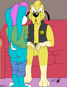 anthro belt black_nose blue_body blue_fur bottomwear bottomwear_down butt clothed clothing duo female fur furniture genitals gloves_(marking) hair inside leg_markings male male/female markings open_clothing open_topwear open_vest partially_clothed purple_hair rear_view scut_tail shirt short_tail shorts shorts_down socks_(marking) sofa tail topwear undressing vest vulva yellow_body yellow_fur kthanid_(artist) rutwell_forest beuford_bloodhound binky_bunny_(rutwell) bloodhound canid canine canis domestic_dog hunting_dog lagomorph leporid mammal rabbit scent_hound hi_res