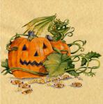 2014 candy candy_corn dessert dragon european_mythology food fruit green_body green_scales halloween heather_bruton holidays jack-o'-lantern membrane_(anatomy) membranous_wings mythological_creature mythological_scalie mythology orange_body orange_scales plant pumpkin scales scalie simple_background solo tan_background western_dragon wings
