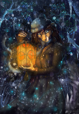 5_fingers anthro brown_hair clothed clothing female fingers hair lamp lantern night pale_eyes snow snowing solo araivis-edelveys domestic_cat felid feline felis mammal