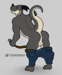 anthro anus balls belt biped black_horn bottomwear butt clothing digitigrade genitals grey_body grey_scales grin horn looking_at_viewer male pants perineum purple_eyes raised_tail scales smile solo standing tail undressing xanderg_(artist) mythology turi_shadowscale dragon mythological_creature mythological_scalie scalie 2018 digital_media_(artwork)