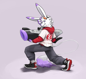 anthro bottomwear clothing controller footwear game_controller gun holding_gun holding_object holding_ranged_weapon holding_weapon long_ears long_tail looking_at_viewer male nintendo_controller pants ranged_weapon rear_view shoes smile solo spread_legs spreading super_scope tail weapon raster_dreams nintendo splatoon super_nintendo raster_dreams_(character) lagomorph mammal 2025 digital_drawing_(artwork) digital_media_(artwork) hi_res