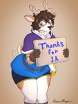 alchemist anthro antlers avoiding_eye_contact belt blue_eyes blush bottomwear bow_tie brown_hair chest_tuft clothed clothing femboy fur gloves hair handwear holding_object holding_sign horn male multicolored_body multicolored_fur reindeer_antlers shirt short_cape shorts shoulder_cape sign simple_background solo tail tail_motion tailwag thank_you thank_you_message topwear tuft tunic travis_mayer travis_mayer_(character) deer mammal new_world_deer reindeer digital_media_(artwork) hatching_(art) hi_res shaded