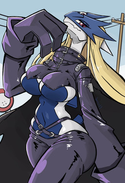 anthro back_spikes bedroom_eyes belt big_breasts big_hands black_bottomwear black_cape black_clothing black_topwear blonde_hair blue_body blue_mask blue_spikes bottomwear breasts cape clothed clothed_anthro clothed_female clothing cosplay cropped_jacket crossover_cosplay female fingers gloves hair handwear jacket leather leather_bottomwear leather_clothing leather_gloves leather_handwear leather_jacket leather_pants leather_topwear looking_at_viewer mask midriff multicolored_body narrowed_eyes outside pants raised_hand red_eyes seductive smile smirk solo spikes spikes_(anatomy) standing text thick_thighs three-quarter_view topwear traffic_sign two_tone_body under_boob utility_pole wearing_mask white_body wide_hips zipper snoutless bandai_namco digimon nintendo pokemon loogs beelstarmon digimon_(species) generation_2_pokemon legendary_pokemon lugia pokemon_(species) 2025 absurd_res artist_name crossover digital_drawing_(artwork) digital_media_(artwork) hi_res