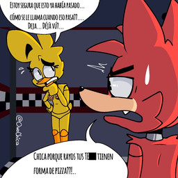 against_surface against_wall anthro beak censored_genitalia dialogue duo female food machine male male/female nude pizza profanity text owochica five_nights_at_freddy's scottgames chica_(fnaf) foxy_(fnaf) animatronic avian bird canid canine chicken fox galliform mammal phasianid robot robot_anthro 1:1 censored spanish_text translated