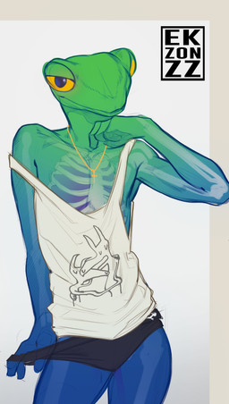 anthro bone clothing clothing_pull cross guts intestines lung male organs pose rib_cage seductive shirt skinny slim small_waist solo stomach tank_top topwear translucent translucent_body translucent_skin underwear underwear_pull visible_skeleton ekzonzz car_seat_headrest amphibian frog glass_frog absurd_res hi_res